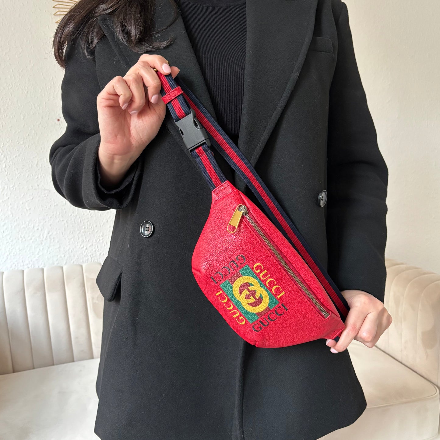 Gucci Red Leather Small Logo Waist Bag