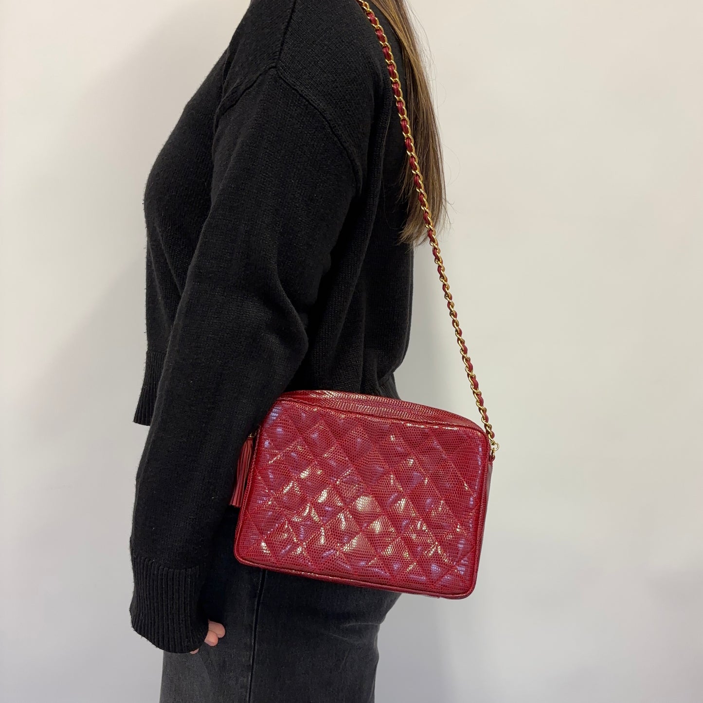 Chanel Vintage Red Coated Caviar Camera Bag With Tassel 1986/88