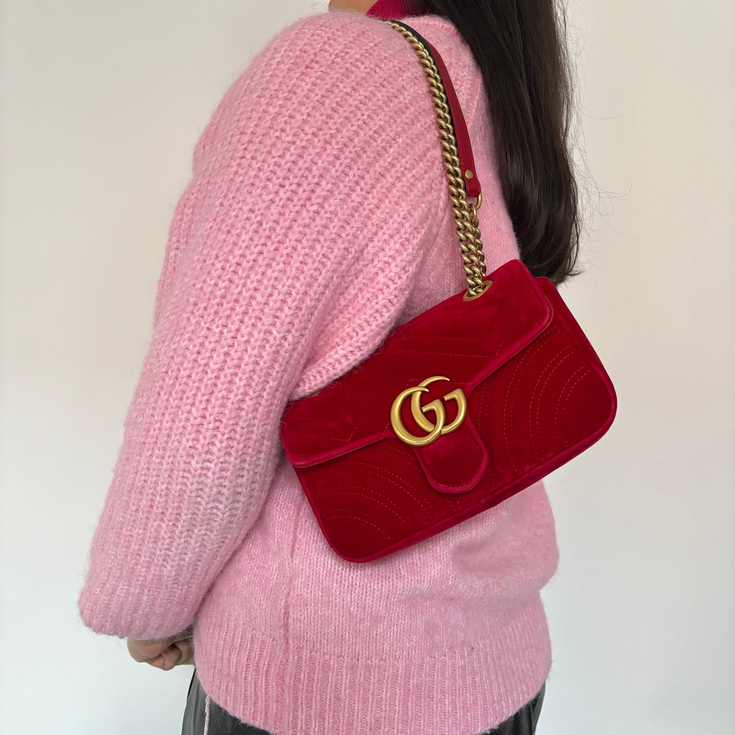 Gucci Red Velvet Classic Mini Marmont Chain Flap