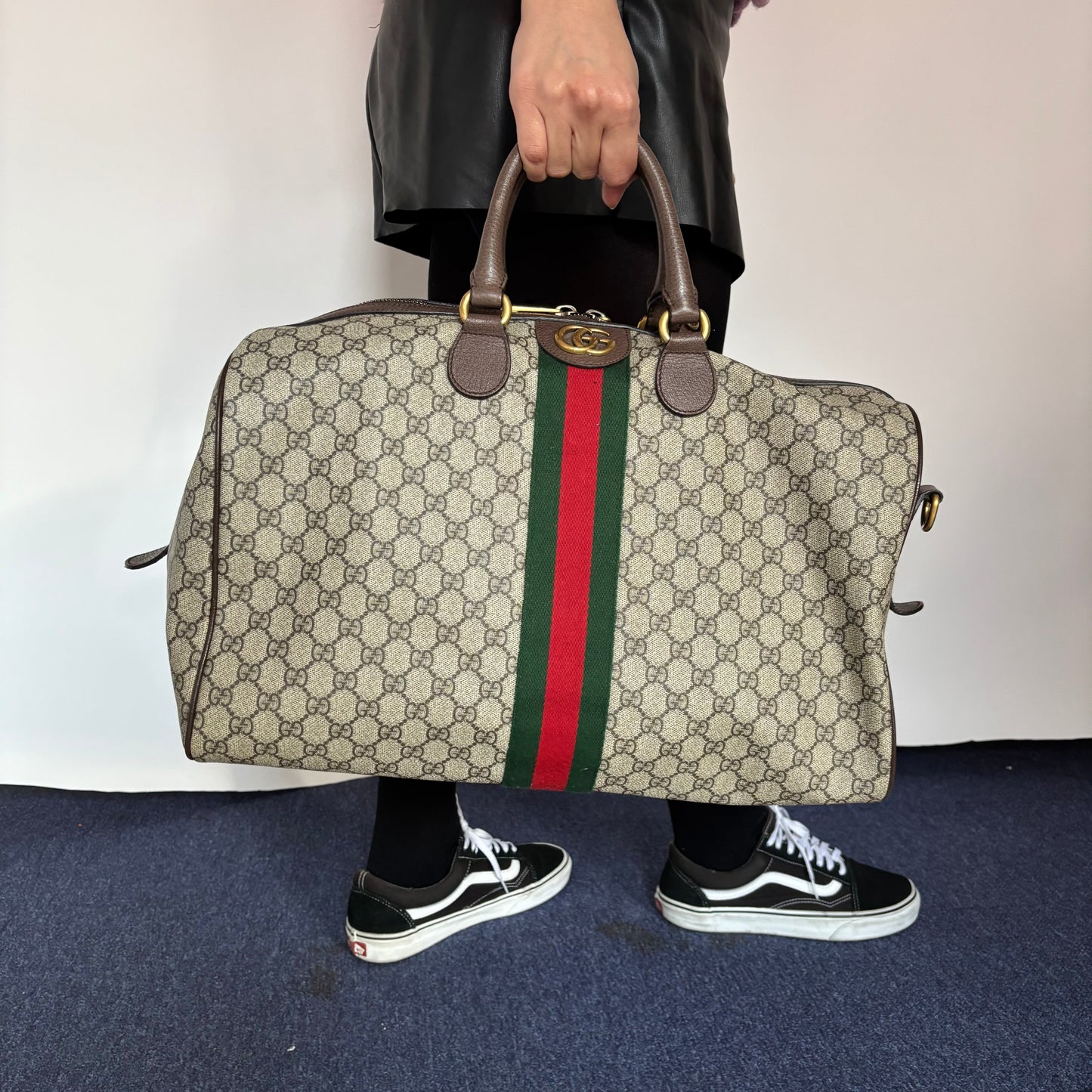 Gucci GG Supreme and Web Detail Savoy Duffle Bag with Strap