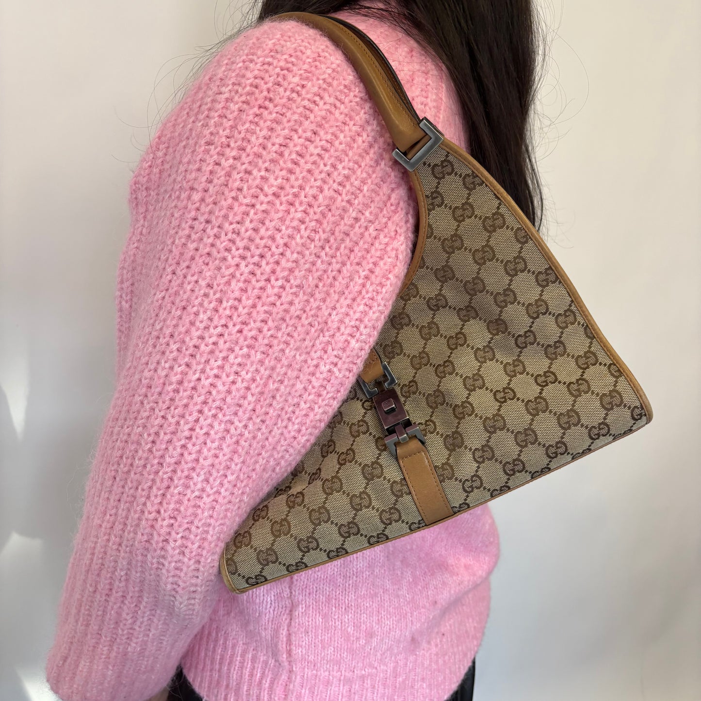 Gucci GG Canvas and Tan Leather Vintage Jackie