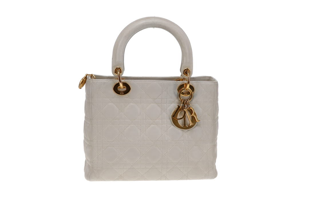 Dior White Leather GHW 2007 Vintage Medium Lady Dior