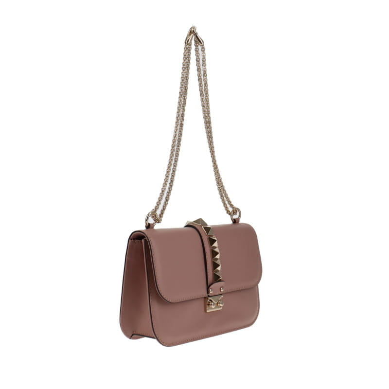 Valentino Pink/White Smooth Leather Rockstud Glam Lock Medium Flap Bag