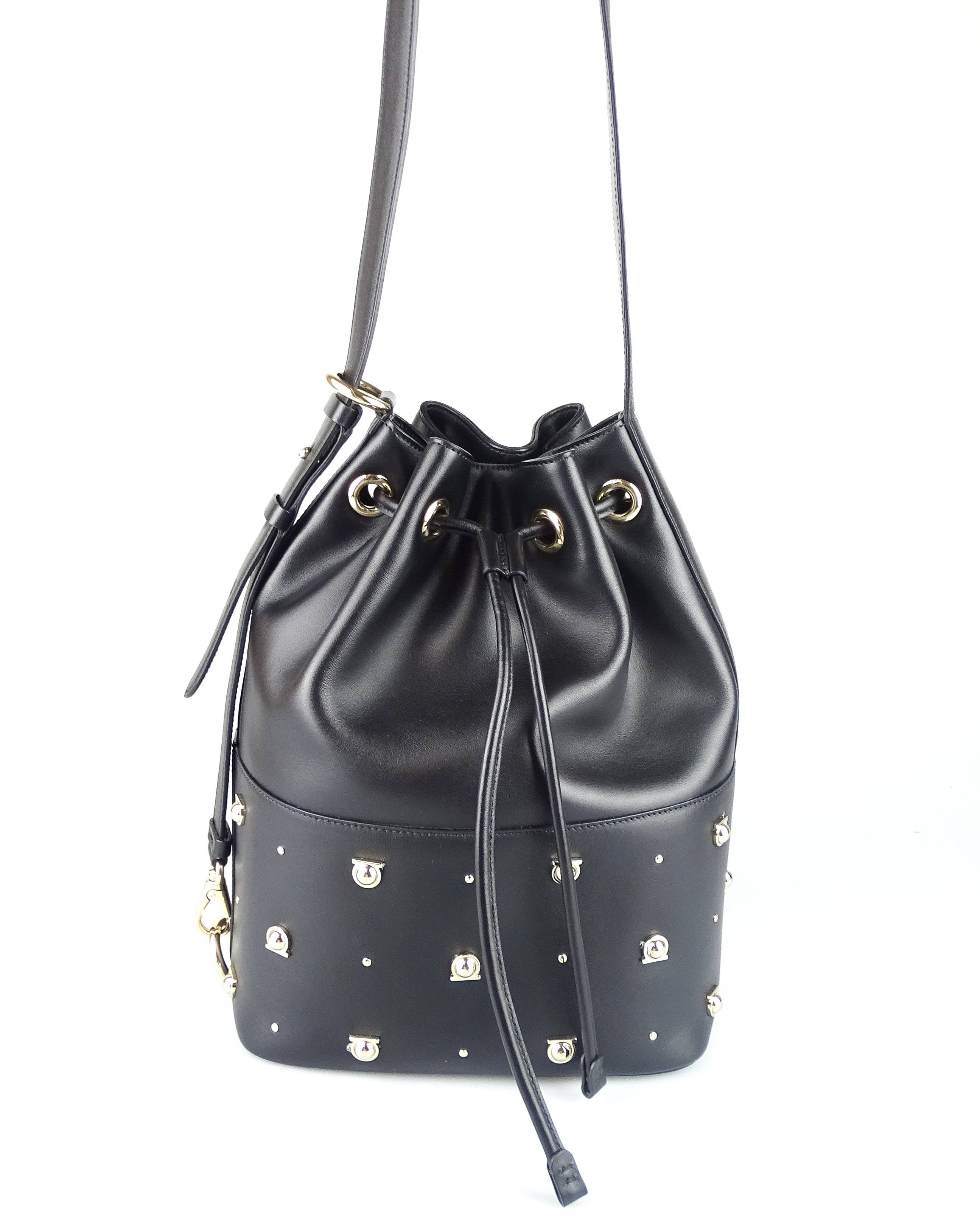 Salvator Feragamo Black Smooth Logo Studded Bucket Bag Designer