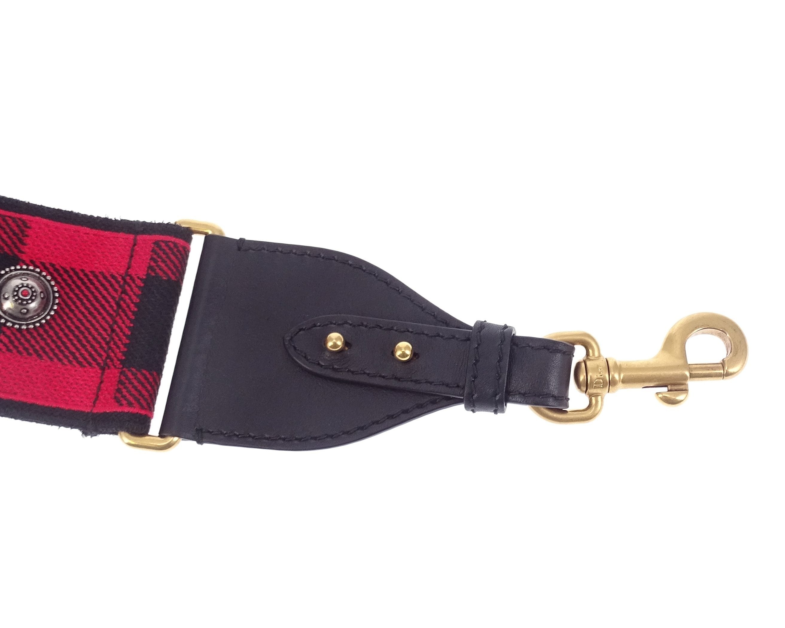 Christian Dior Red Black Plaid Studded Canvas Shoulder Strap